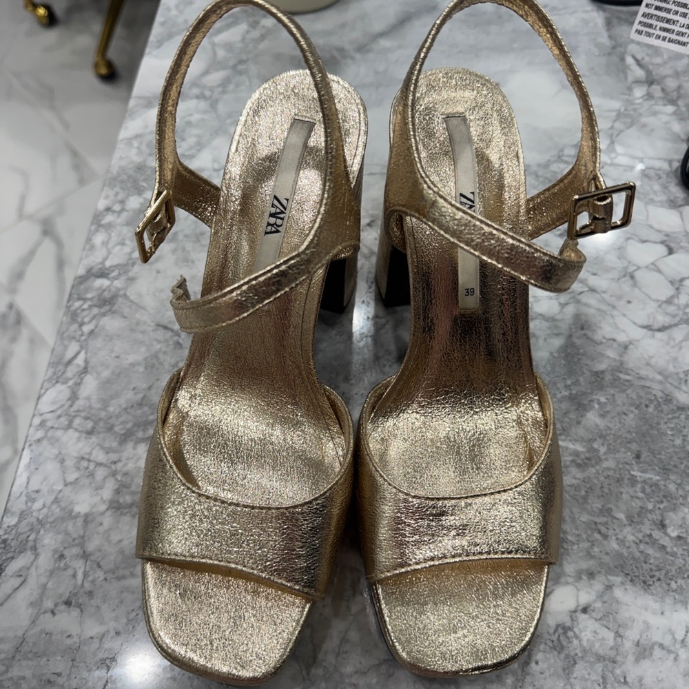 Zara Metallic Gold Block Heel Sandals - Picture 2 of 9